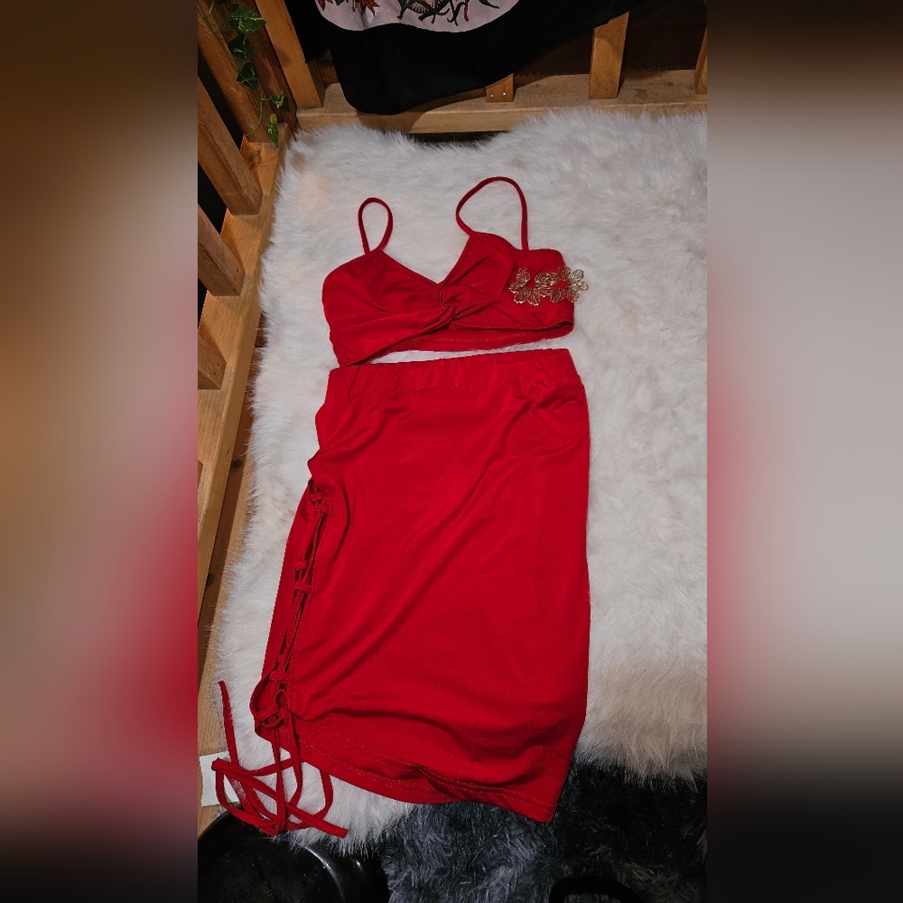 Red Two-Piece Dress with Lace-Up Detail